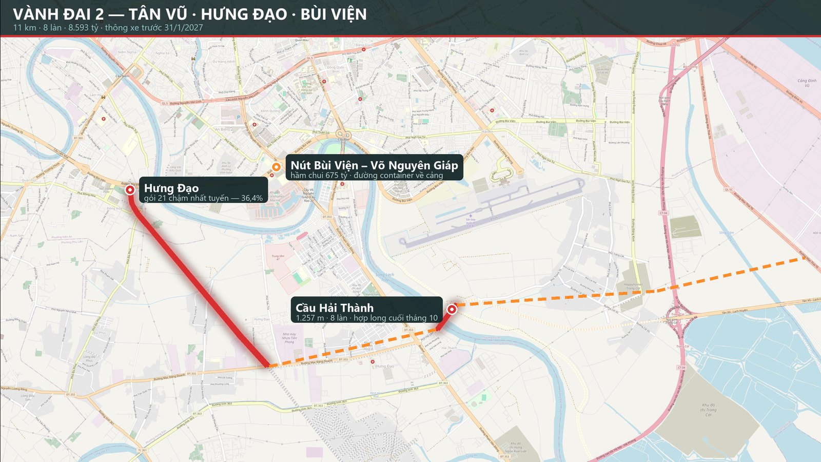 Bản đồ tuyến Vành đai 2 Hải Phòng vẽ đường đỏ từ Tân Vũ qua cầu Hải Thành, Dương Kinh, Hưng Đạo tới đường Bùi Viện