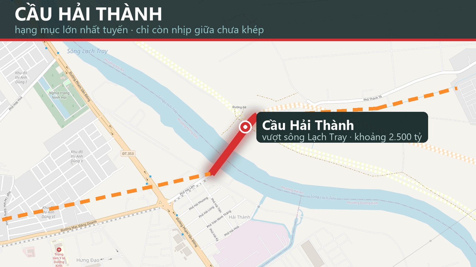 Bản đồ vị trí cầu Hải Thành vượt sông Lạch Tray nối Hưng Đạo với Tân Vũ trên tuyến Vành đai 2 Hải Phòng